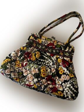 Unique Floral Quilted Fabric Tote Bag in Black and Multicolor handbag